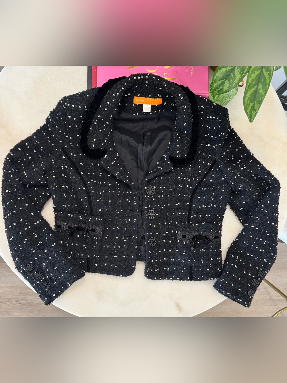 Cynthia Steffe Black Tweed Cropped Blazer with White Speckle